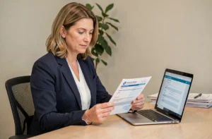 Femme consultant un document de remboursement mutuelle Interiale à son bureau