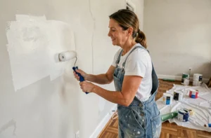 Femme en salopette renovant l'intérieur de sa maison en peignant un mur blanc, outils et matériaux de travaux visibles en arrière-plan