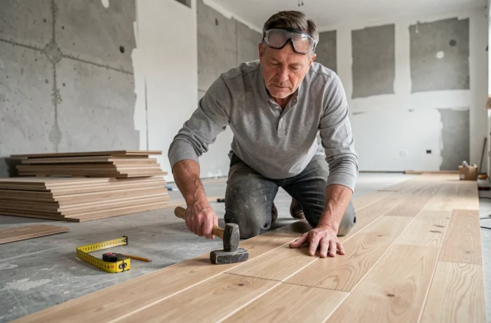 Homme posant un parquet en chêne clair lors de la rénovation d'un salon, outils de menuiserie et matériaux de construction visibles autour de lui
