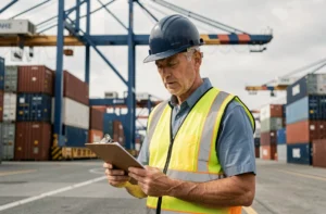 Responsable logistique portuaire examinant des documents sur un quai de fret avec des grues et conteneurs en arrière-plan