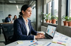Responsable marketing digital analysant des tableaux de bord de performance web dans une agence moderne