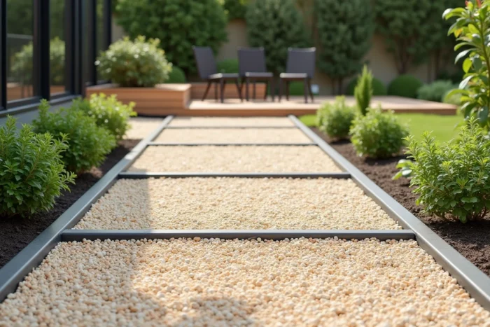 Revêtement de jardin en gravier stabilisé avec bordures acier dans un aménagement minéral contemporain