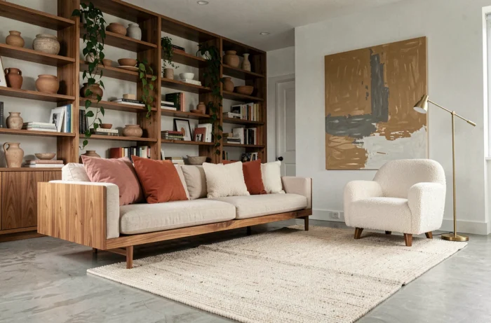 Salon moderne et élégant après une décoration intérieure professionnelle avec canapé en noyer, tapis en laine et bibliothèque stylisée