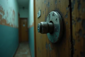 Serrure de porte d'appartement rayée avec traces d'effraction dans un couloir d'immeuble résidentiel