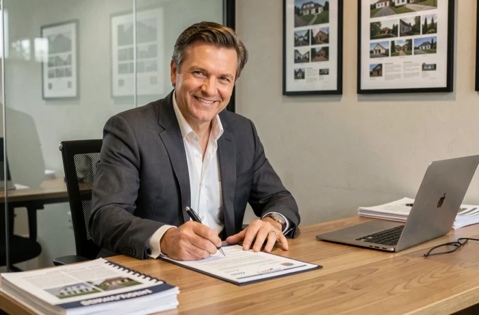 Homme d'affaires signant un contrat d'achat immobilier dans une agence professionnelle moderne