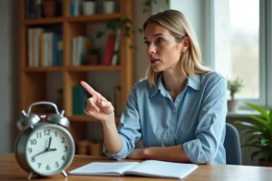 Femme expliquant la signification de AM et PM en pointant une horloge analogique sur un bureau en bois