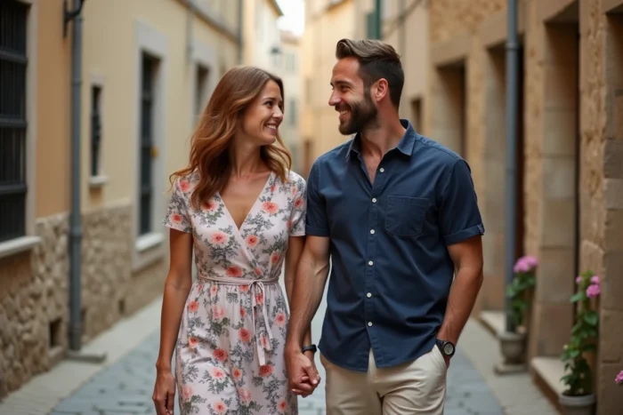 Couple se promenant dans un village français, illustrant la vie de couple et la célébrité dans l'univers de la télévision