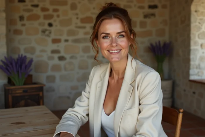 Portrait d'une femme élégante dans un intérieur provençal, évoquant la célébrité et la vie personnelle de Sophie Jovillard