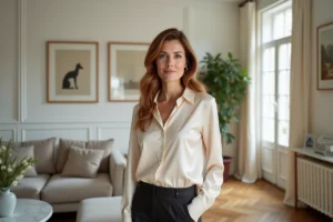 Femme élégante dans un appartement parisien, évoquant la vie privée d'une personnalité télévisuelle française