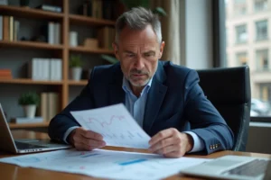 Investisseur analysant une stratégie prudente à long terme avec des graphiques boursiers sur un bureau en bois