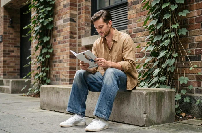 Homme en tenue street style tendance 2024 feuilletant un magazine de mode en extérieur urbain