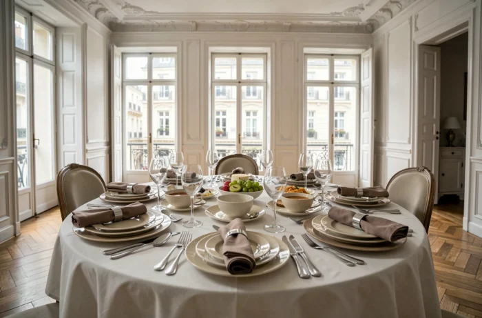 Table ronde dressée pour six convives avec service de vaisselle en porcelaine assortie, coupes en cristal et nappage élégant dans une salle à manger parisienne de style haussmannien