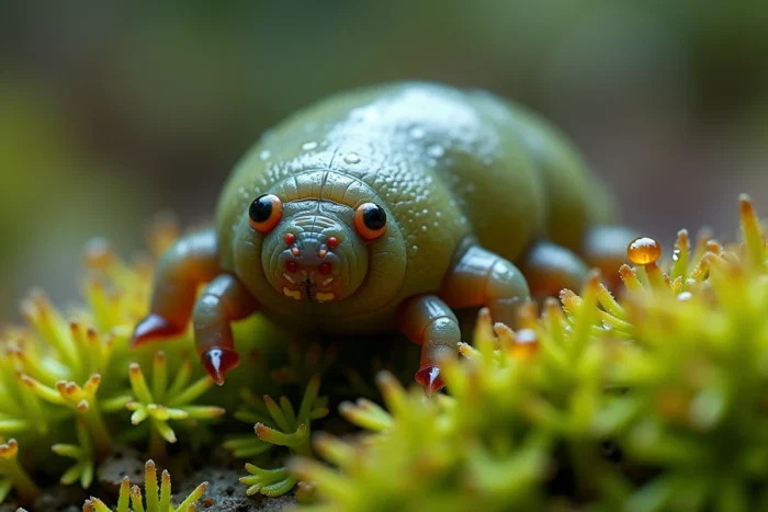 Tardigrade en gros plan sur mousse verte humide, pattes griffues et corps translucide visibles avec détail extrême