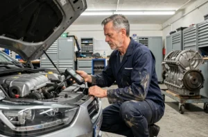 Technicien automobile inspectant la boîte automatique EAT8 d'une voiture avec un scanner de diagnostic en atelier