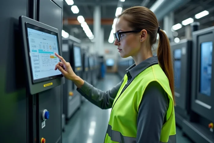 Technicienne de production réglant les paramètres d'une machine automatisée sur un panneau de contrôle tactile en usine