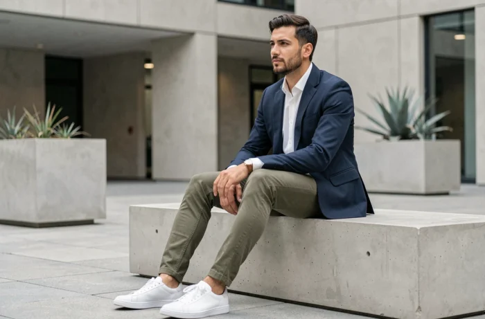 Homme stylé en blazer marine et chino olive assis dans une place urbaine moderne, tenue mode masculine tendance saison