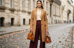 Femme élégante portant un manteau camel et un pantalon bordeaux large dans une rue pavée européenne en automne, look mode tendance