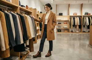 Femme élégante en manteau camel explorant les tendances mode 2024 dans une boutique parisienne minimaliste