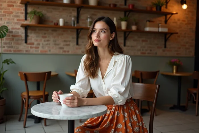 Femme élégante en jupe midi fleurie terracotta assise dans un café parisien avec une tasse de café