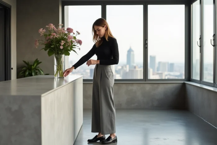 Femme moderne en pantalon large gris et top noir dans un appartement loft minimaliste aux grandes fenêtres urbaines