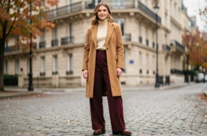 Jeune femme élégante portant un manteau camel et un pantalon bordeaux large, tendance mode automne-hiver dans une rue parisienne pavée