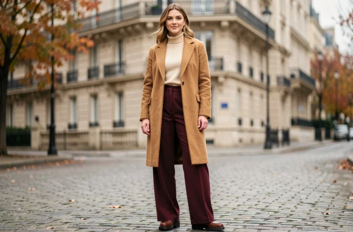 Jeune femme élégante portant un manteau camel et un pantalon bordeaux large, tendance mode automne-hiver dans une rue parisienne pavée