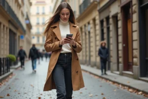 Femme tendance en trench camel et jean droit marchant dans une rue pavée européenne en automne