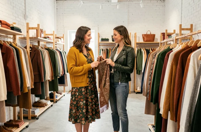 Deux femmes explorant des vêtements tendance dans une boutique de mode contemporaine aux murs en brique blanche, style éditorial automne