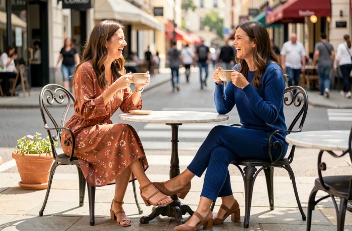 Deux femmes élégantes attablées en terrasse de café arborant des tenues tendance, robe florale terracotta et ensemble co-ord bleu cobalt