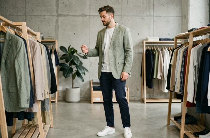 Homme trendy en blazer lin vert sauge et chino marine dans un concept store minimaliste, mode masculine tendance printemps-été