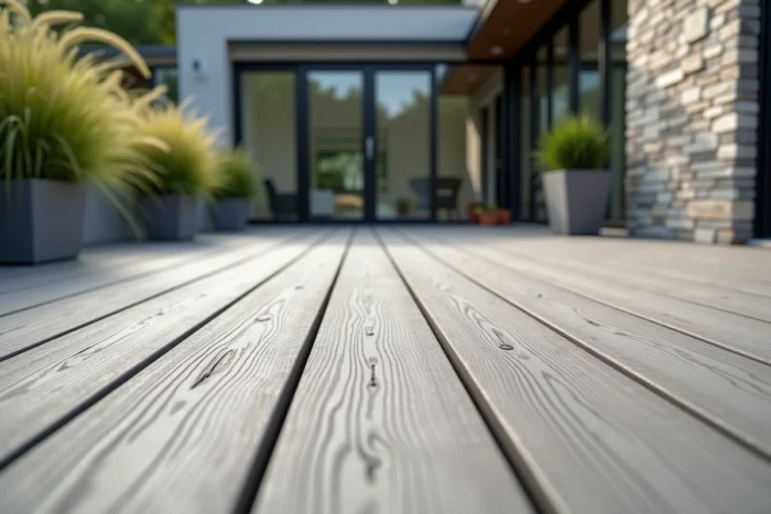 Terrasse en lames de composite grises posées à joints décalés dans un jardin contemporain