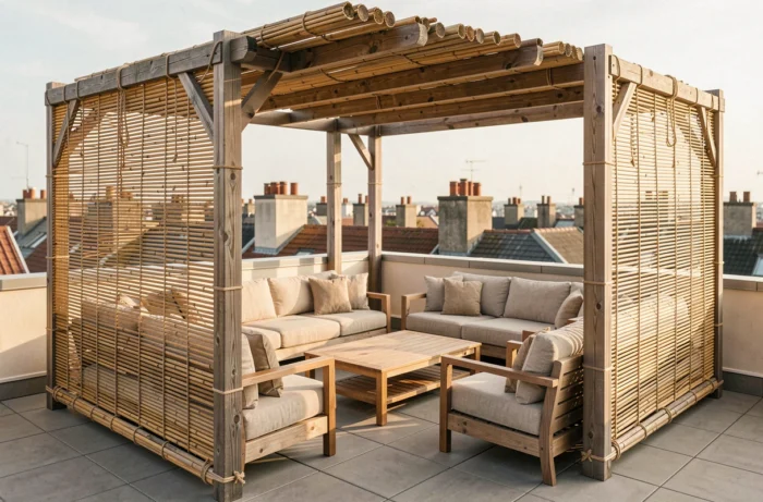 Terrasse urbaine avec pergola habillée de canisses en bambou pour créer un espace lounge privatif en hauteur