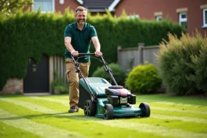 Homme utilisant la tondeuse Bosch AdvancedRotak 770 dans un jardin résidentiel bien entretenu