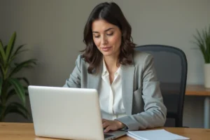Femme utilisant un webmail sur ordinateur portable dans un bureau professionnel calme