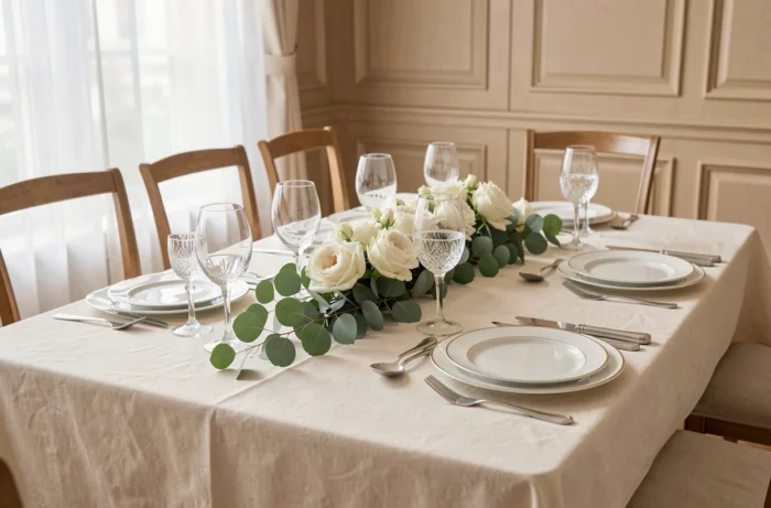 Table dressée avec élégance : vaisselle en porcelaine blanche à liseré doré, verres en cristal et couverts en argent sur nappe en lin ivoire