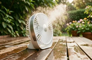 Ventilateur brumisateur Confort Line posé sur une terrasse en bois avec brume d'eau visible en extérieur