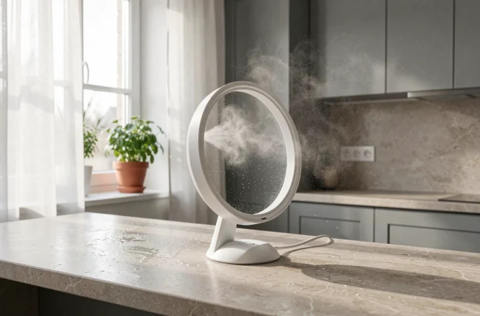 Ventilateur brumisateur posé sur un plan de travail cuisine intérieur style scandinave avec brume d'eau