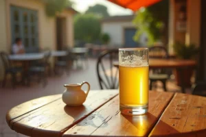 Verre de Ricard pastis dilué à l'eau sur une table en bois dans un café provençal, avec pichet d'eau traditionnel