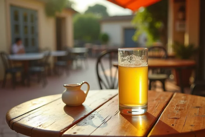 Verre de Ricard pastis dilué à l'eau sur une table en bois dans un café provençal, avec pichet d'eau traditionnel