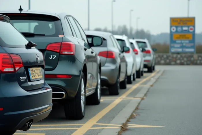 Rangée de voitures étrangères garées avec plaques d'immatriculation de différents pays européens dans un parking frontalier