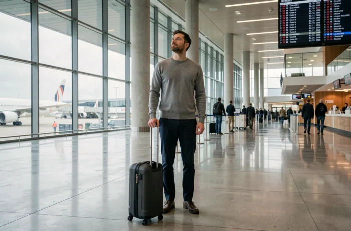 Homme voyageur dans un hall d'aéroport avec une valise, regardant le tableau des départs pour un voyage organisé sur mesure