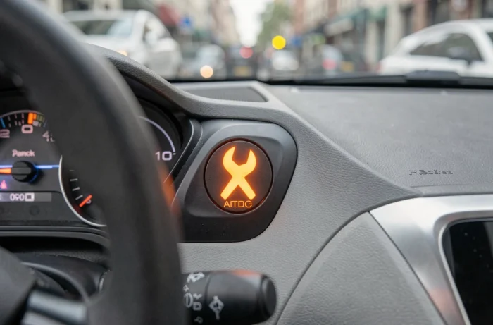 Voyant clé à molette orange allumé sur le tableau de bord d'une Peugeot 208 indiquant une alerte de maintenance